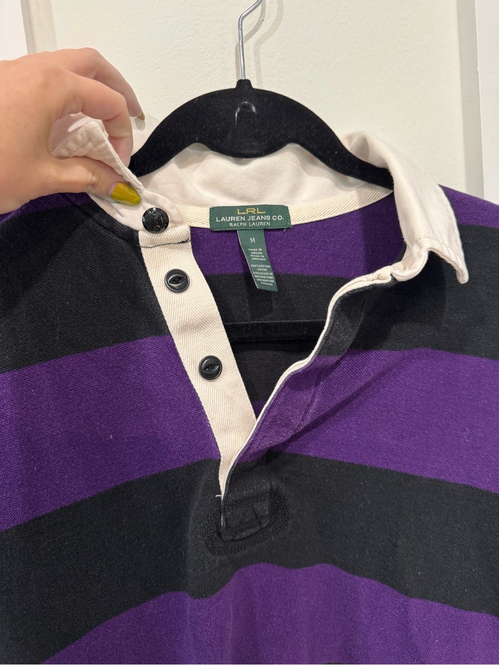 Ralph Lauren Purple & Black Striped V‑Neck Rugby Sweater with Cream Collar - Picture 3 of 5